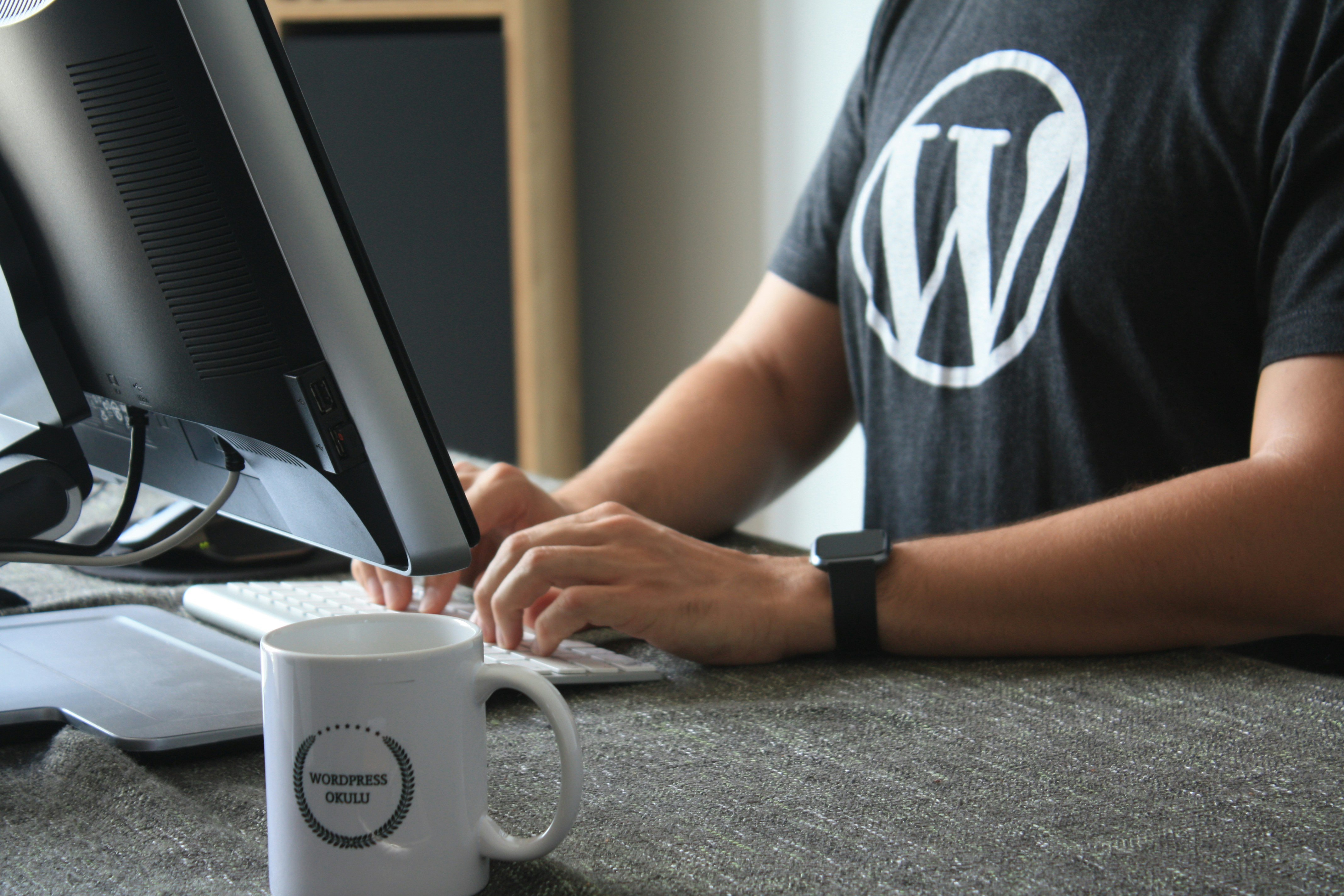 Ein Entwickler der am PC arbeitet und ein T-Shirt mit WordPress Logo an hat.